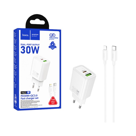 Adaptador Hoco N63 2 Portas USB+Tipo-C PD30W com Tipo-C para Lightning Cabo 1m Branco
